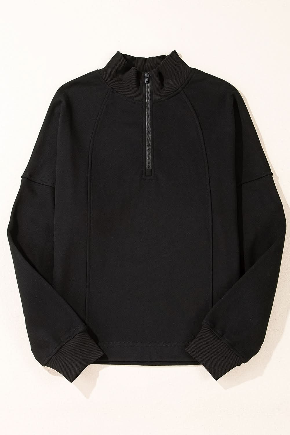 Black Zipped Neck Pullover Drop Shoulder Sweatshirt - Love Salve